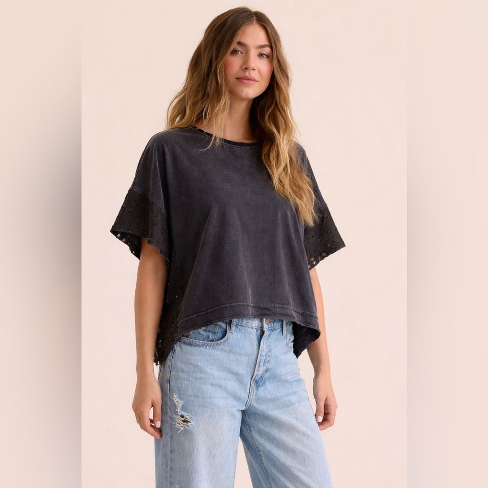 Altar'd State Distressed Boxy Black Tee Oversized Sz L Lace Boho Chic Lagenlook